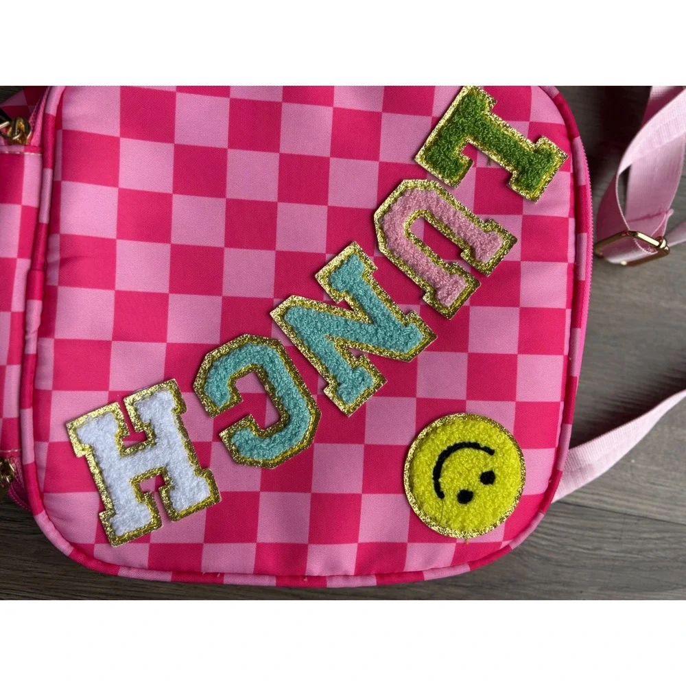 Pink Checkered Insulated Lunch Bag Chenille Patch Adjustable Strap